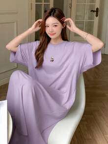 DAZY 插肩袖印花宽松T恤裙，长款休闲连衣裙，适合夏季穿着和居家休闲。 - 淡紫色 - 查看 4