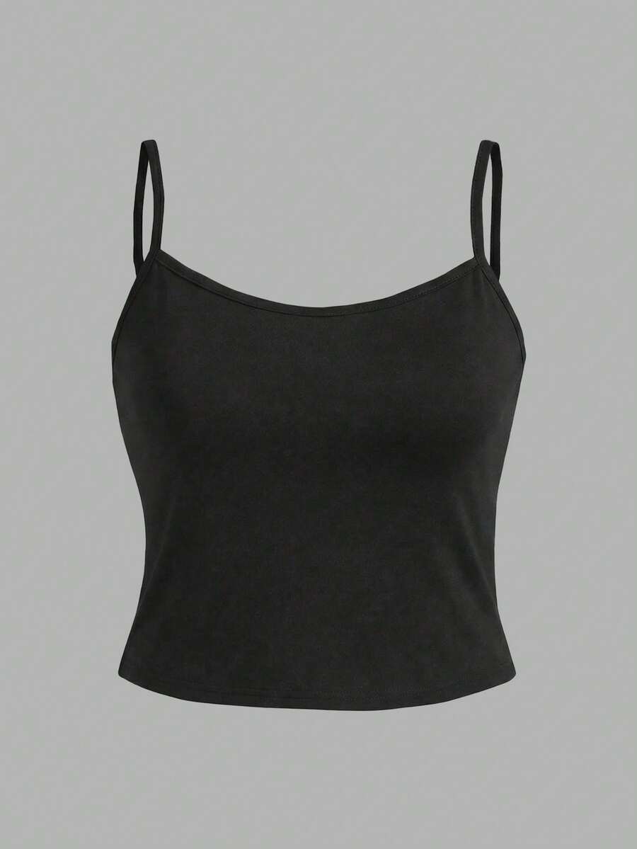 SHEIN EZwear 黑色休闲露脐性感吊带背心,修身大码女款,夏季 - 黑色 - 查看 1