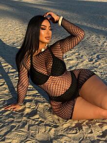 Swim SXY Women's Sexy Hollow-Out Long Sleeve Cover-Up Dress - Black - View 6