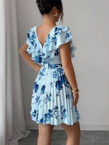 Elenzga Ruffle Sleeve V-Neck Cinched Waist A-Line Floral Print Vacation Elegant Romantic Dress For Women - Multicolor - View 2