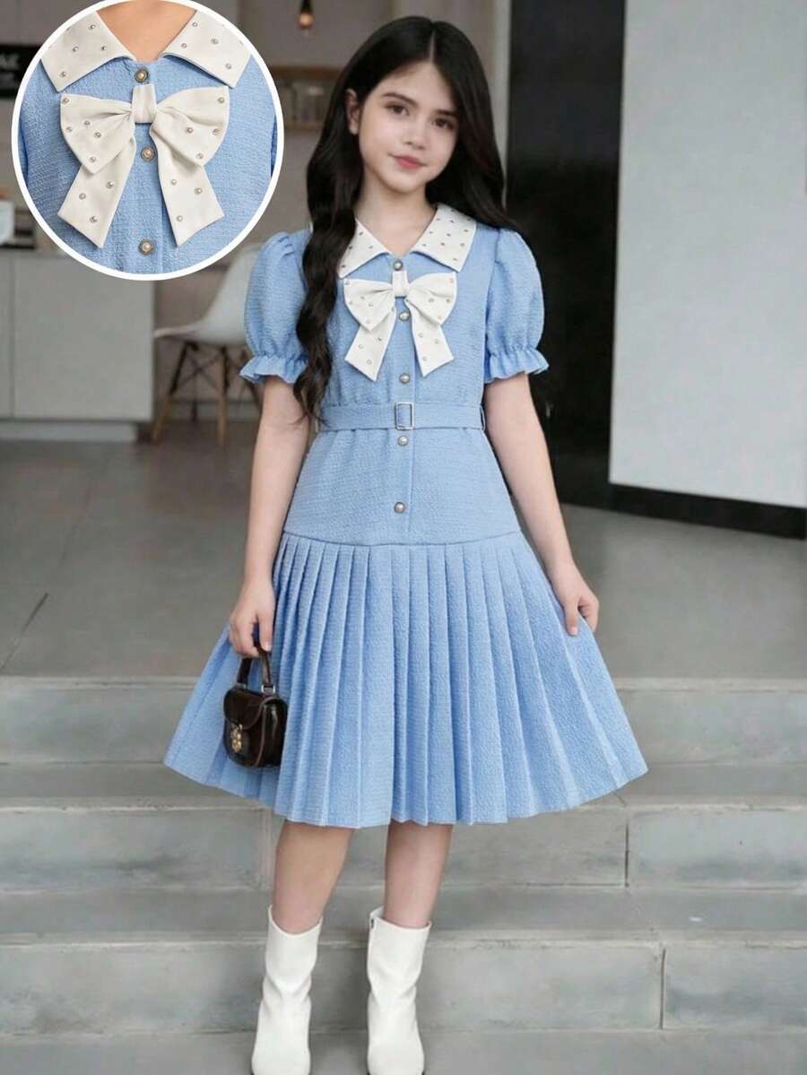 SHEIN 少女撞色领可拆卸蝴蝶结纹理面料连衣裙,优雅学士淑女风 - 藍色 - 查看 1