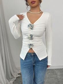 Modelyn 女士杏色针织3D立体花卉长袖收腰褶皱修身T恤 - 杏色 - 查看 5