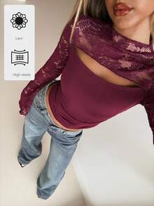 Aloruh 酒红色蕾丝拼布修身镂空长袖女式T恤 - 酒紅色 - 查看 3
