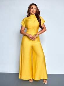 SOLERSUN 春夏女士纯色优雅派对连体裤，简约通勤风，适合生日派对、日常休闲穿着、婚礼季、返校季、感恩节、毕业季等场合。特点：立领、系带腰身、褶裥、高腰连体裤。黄色连体裤，夏季穿搭。 - 黃色 - 查看 9