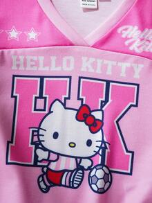 HELLO KITTY AND FRIENDS | SHEIN 少女休闲时尚街头运动卡通字母印花V领宽松短款T恤，夏季 - 粉色 - 查看 4