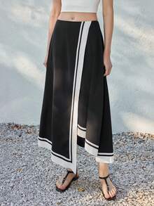 Ontre 女士黑白撞色舒适柔软高端面料哑光破洞卡纸修身腰带设计不对称下摆设计现代都市商务休闲，高品质机场休闲低调复古高端邮轮，中东简约奢华百搭必备时尚半身裙 - 黑與白 - 查看 4