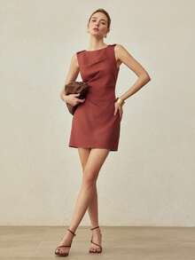 MOTF PREMIUM WOMEN'S BUTTON DECOR FOLD PLEATED SLEEVELESS MINI DRESS - Redwood - View 5