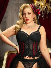 波点网纱束腰文胸，蕾丝边罩杯，交叉腰带，蕾丝下摆 - 黑色 - 查看 6