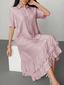 DAZY Gaun Wanita Elegan dengan Kerah Berkerut, Longgar, Panjang Sedang, Gaun Musim Panas - Purple - View 4