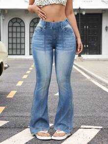 Flexra Jeans de pierna acampanada y elástica de color contrastante para mujer - Azul - Ver 8