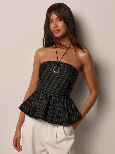 COSMINA Áo quây nữ thanh lịch kẻ sọc, thiết kế nhún bèo, lưng thun điều chỉnh được, trang phục công sở sang trọng, áo sơ mi kẻ sọc đen, áo mùa hè cho nữ, phong cách đường phố.