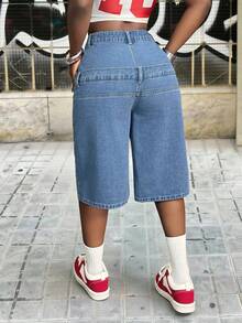 Slaydiva Women's Casual Fashion Street Daily Commute Letter Embroidery Patchwork Pocket Loose Wide Leg 3/4 Length Jeans - Blue - View 2