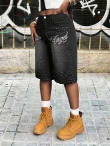 Slaydiva Women's Casual Letter Rhinestone Denim Shorts, Summer - Black - View 3