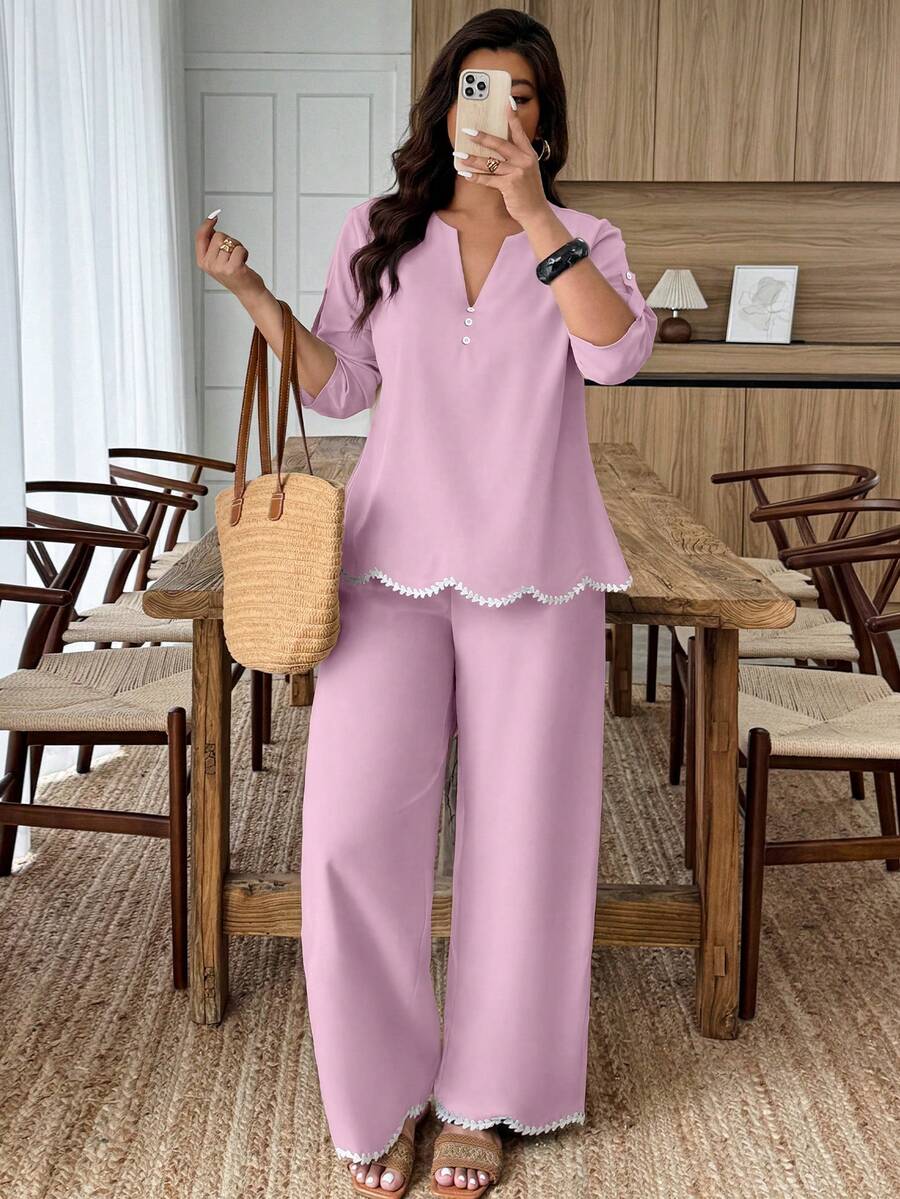 Weeklong Plus Size Women's Spring/Summer Arched Color Block Ruffle Trim 2 Pieces Set Fall - Dusty Pink - View 1