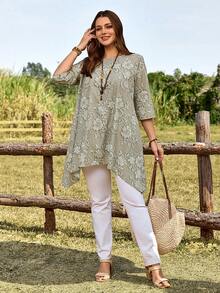 EMERY ROSE 大码女式3D立体印花休闲宽松长款衬衫，七分袖，适合春、夏、秋季穿着。 - 彩色 - 查看 4