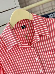 Elamini 条纹短款宽松休闲女式宽松袖衬衫，亚麻质感女式衬衫，夏季条纹衬衫，短款衬衫，短款纽扣棉质夏季上衣，红色条纹衬衫，可爱女式衬衫，夏季休闲上衣，女式上衣和衬衫，短袖衬衫，女式工作衬衫 - 紅白色 - 查看 5