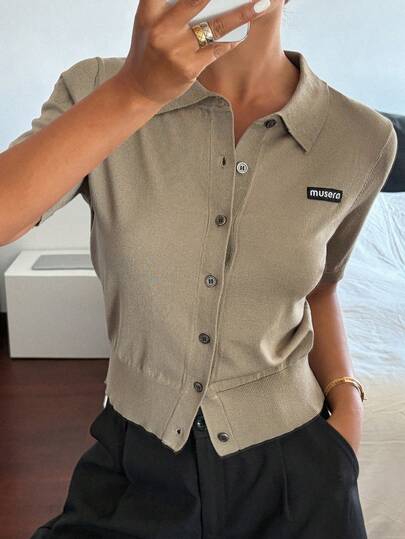 DAZY Letter Jacquard Knit Polo Collar Casual Vacation Spring/Summer Knit Cardigan For Women