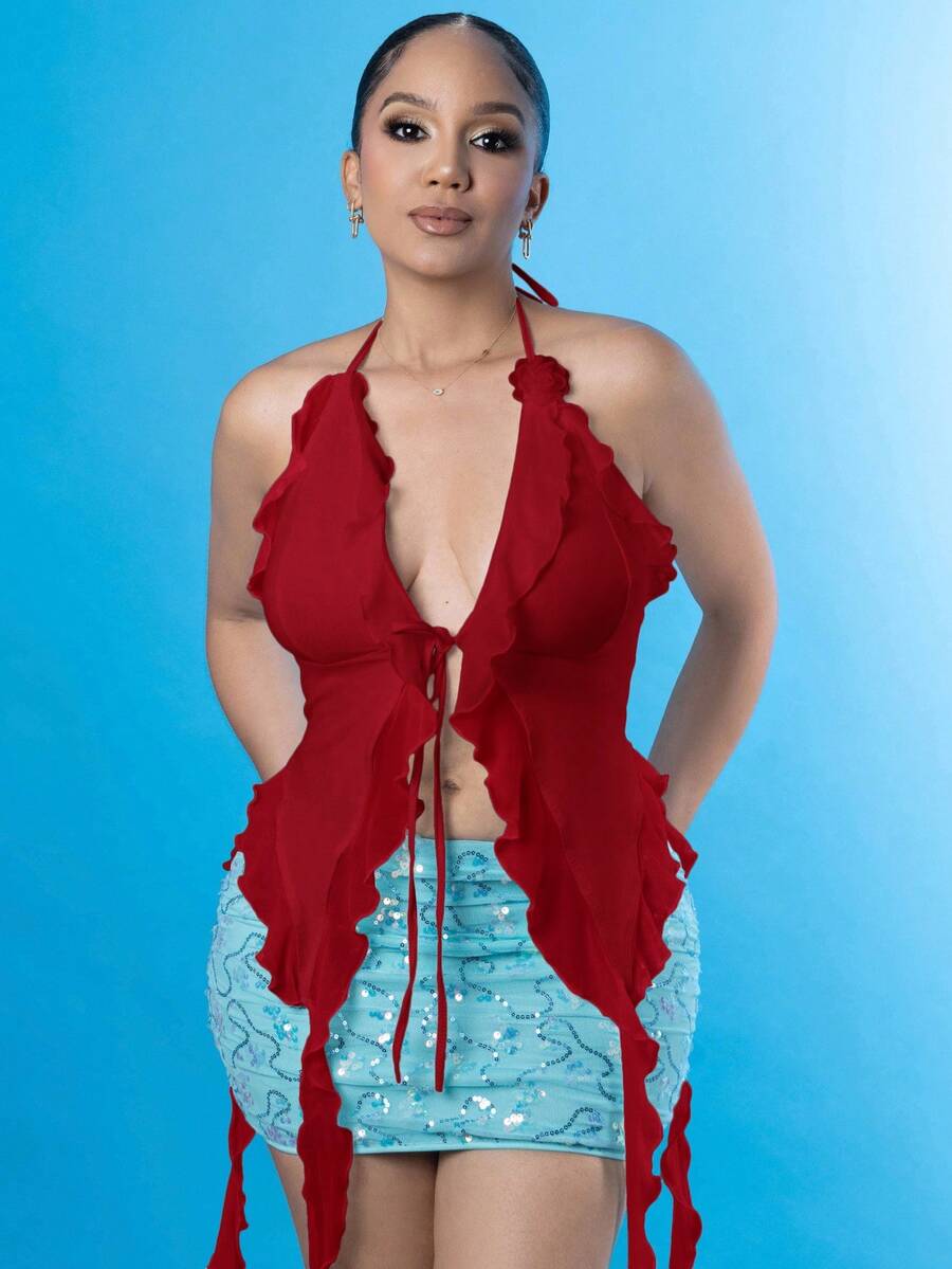 Melissa Matos Blusa de verano romántica con volantes, lazo de cuello con flores 3D, para mujeres, sexy para conciertos - Burdeos - Ver 1