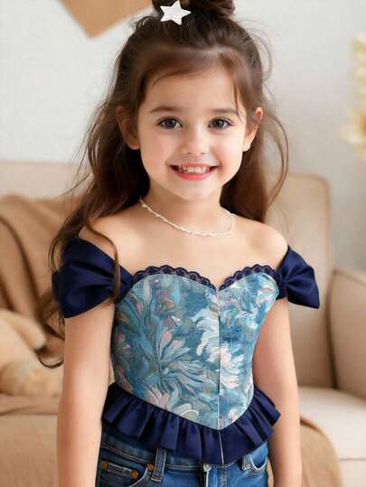 SHEIN Young Girl's Elegant Jacquard Off Shoulder Ruffle Hemline Corset Structure Top, Jacquard Fabric Shirt For Spring/Summer