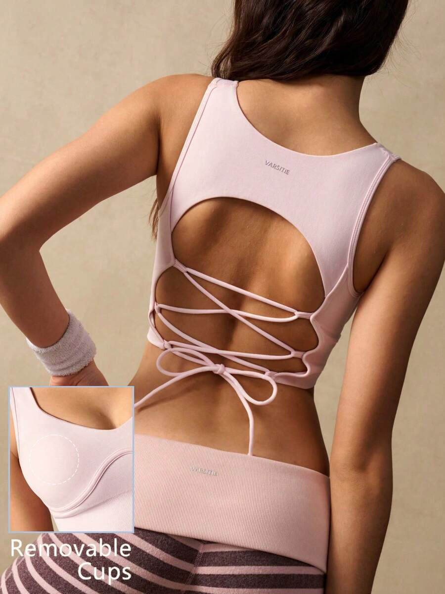 VARSIVA Sujetador deportivo de uso diario para mujer con diseño de espalda cruzada de unicolor - Rosa - Ver 1