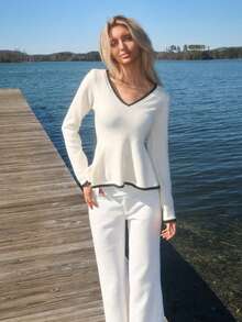 Sydney Algeri 性感修身时尚女式撞色滚边长袖收腰针织上衣 - 彩色 - 查看 1