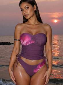 Swim SXY 2pcs/Set Women's Floral Print Spaghetti Strap Bikini Top And Bottoms - Multicolor - View 7