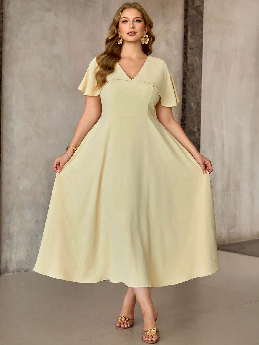 Roveilla 女士春夏褶皱法式优雅时尚办公室通勤休闲度假浪漫性感V领露背系带松紧腰泡泡袖A字浅黄色连衣裙 - 淡黃色 - 查看 1