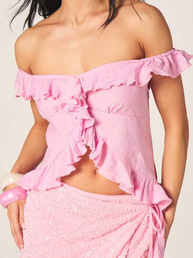 MISSGUIDED Pink Off Shoulder Ruffle Top