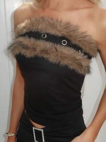 Sydney Algeri Y2K 性感动物印花带扣短款上衣，配人造毛领 - 黑色 - 查看 5