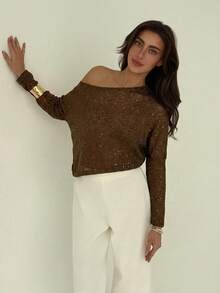 Aloruh 女士时尚性感亮片镂空不对称针织T恤 - 棕色 - 查看 5