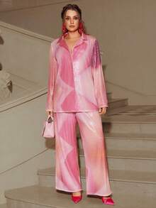 VOLUPTÉ CURVE 大码春夏时尚套装，亮面渐变印花翻领长袖宽松阔腿裤套装，时尚优雅的大码女装 - 彩色 - 查看 7