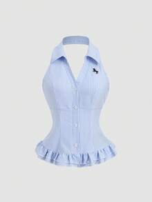 Sweetra Women's Sleeveless Tank Top With Embroidered Striped Pattern, Summer - Blue - View 1