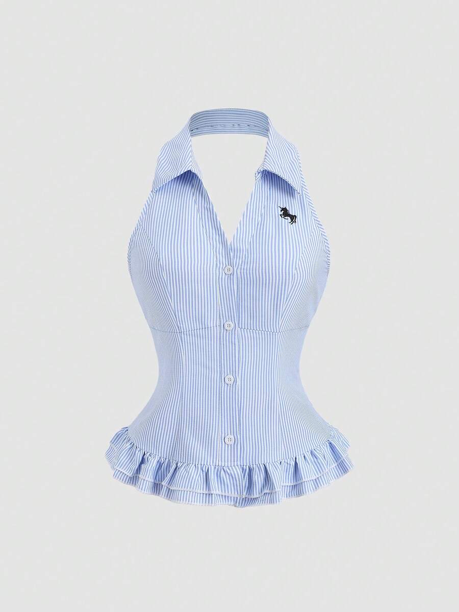 Sweetra Women's Sleeveless Tank Top With Embroidered Striped Pattern, Summer - Blue - View 1