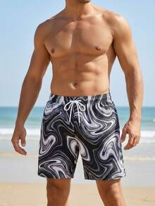 Zalmeno Plus Size Men's Marble Print Drawstring Waist Pocket Beach Shorts - Multicolor - View 3