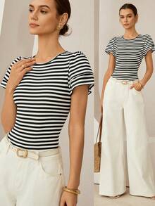 Lymera 女士圆领条纹休闲百搭日常短袖T恤 - 彩色 - 查看 1