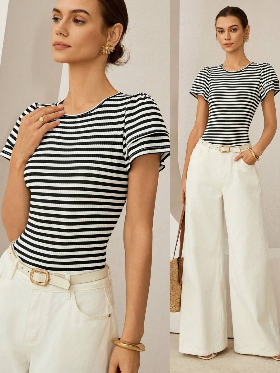 Lymera 女士圆领条纹休闲百搭日常短袖T恤 - 彩色 - 查看 1