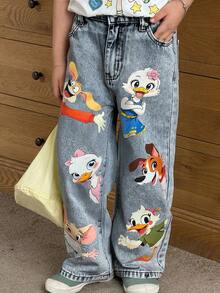 SHEIN Playful Pals Quần Jeans Ống Thẳng Màu Xanh Nhạt In Họa Tiết Động Vật Hoạt Hình Dễ Thương Cho Bé Gái Thời Trang Thường Ngày Đa Năng - Rửa nhẹ - Xem 9