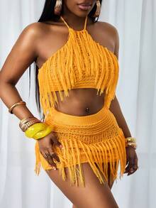 Slaydiva 26SS Spring/Summer Vacation Beach Sexy Yellow Halter Two Pieces Set With Tassels - Yellow - View 3