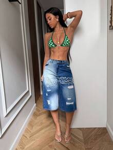 StreetHx 女士时尚休闲百搭街头刺绣七分牛仔裤 - 深色水洗藍 - 查看 1