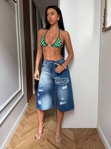 StreetHx 女士时尚休闲百搭街头刺绣七分牛仔裤 - 深色水洗藍 - 查看 3