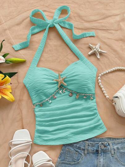 Soleia Top de punto ajustada con textura de punto blanco, escote en V con volantes, decoración de estrella de mar y concha, tirantes con lazo en el cuello, hebilla metálica, para vacaciones, fiesta, cita, crucero, playa, festival de música, vacaciones bohemias