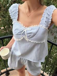 Livesso Sweet Striped Bow Decor Women's Pajama Set, Suitable For Summer Vacation - Blue - View 8