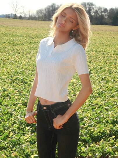 Sydney Algeri 休闲纯色高领短袖扭纹针织毛衣