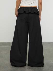 COUREZ 阔腿滑板裤，荷叶边腰带细节 / Y2K 春季女装 黑色长裤 黑色套装 夏季服装 春假服装 - 黑色 - 查看 3