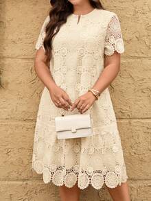Reflora Plus Size Casual Solid Color Lace Dress - Apricot - View 3