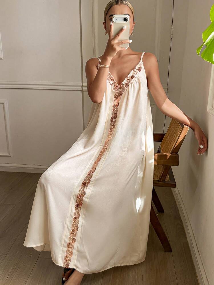 Sequin Decor Spaghetti Strap Long Nightgown For Women, Summer