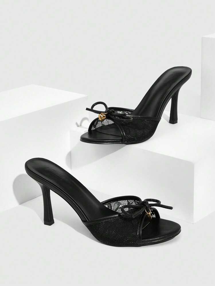 CUCCOO SZL Women's Velvet Bow & Golden Heart Decor Fashion Elegant Romantic Sexy Round Toe Mule High Heel Sandals In Wine Red Spring Shoes