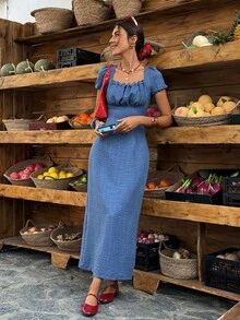 Selianne 1pc Women's Spring/Summer Beaded Ruched Collar Fitted Casual Vacation Everyday Denim Effect Dress - Lake Blue - View 3