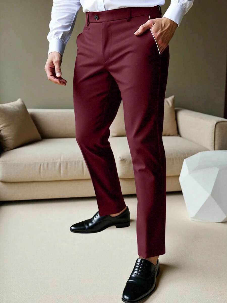 Calvornis 男士商务休闲西装裤，口袋设计，送给男朋友或老公的完美礼物。男士纯色休闲锥形西装裤，男士黑色修身正装裤，独特男士黑色正装裤，男士长裤 - 酒紅色 - 查看 1
