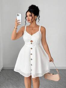 SHEIN Clasi Women's Solid Color Button Fashionable Chic Party Gym Dress Brown Summer - White - View 6
